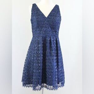 Hailey Adrianna Papell Navy Blue Sequin Crochet Lace Cocktail Dress Size 10